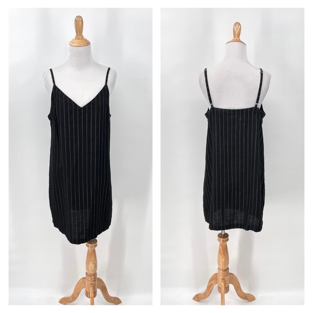 RHYTHM Linen Mini Dress Women Medium Black White Pinstripe Spaghetti Strap Vneck